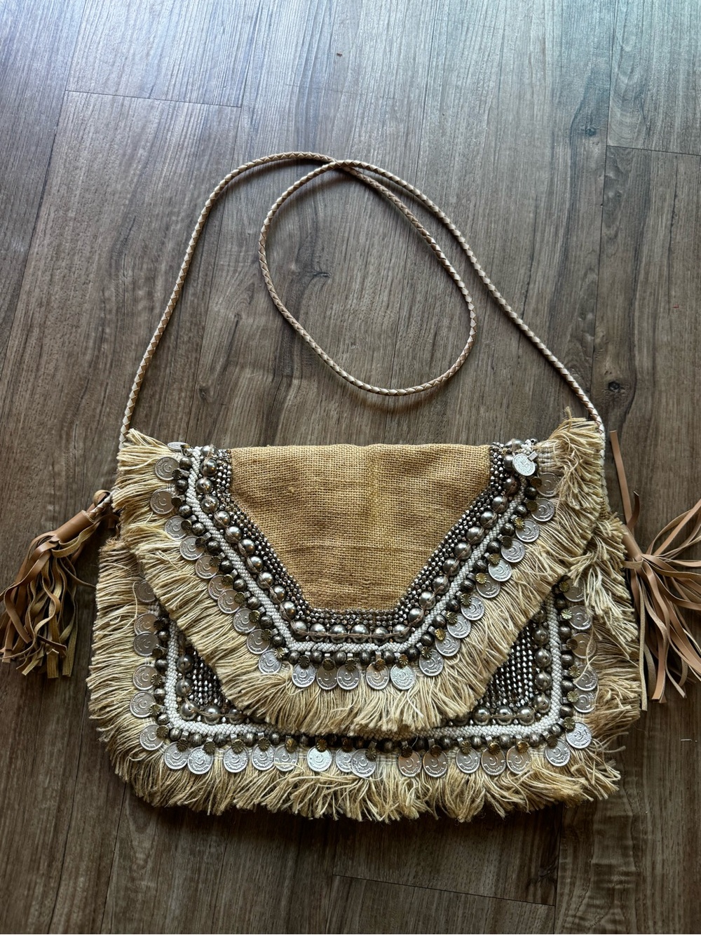 Sashi anthropologie Boho Fringe Coin-Embellished Crossbody Bag in Tan